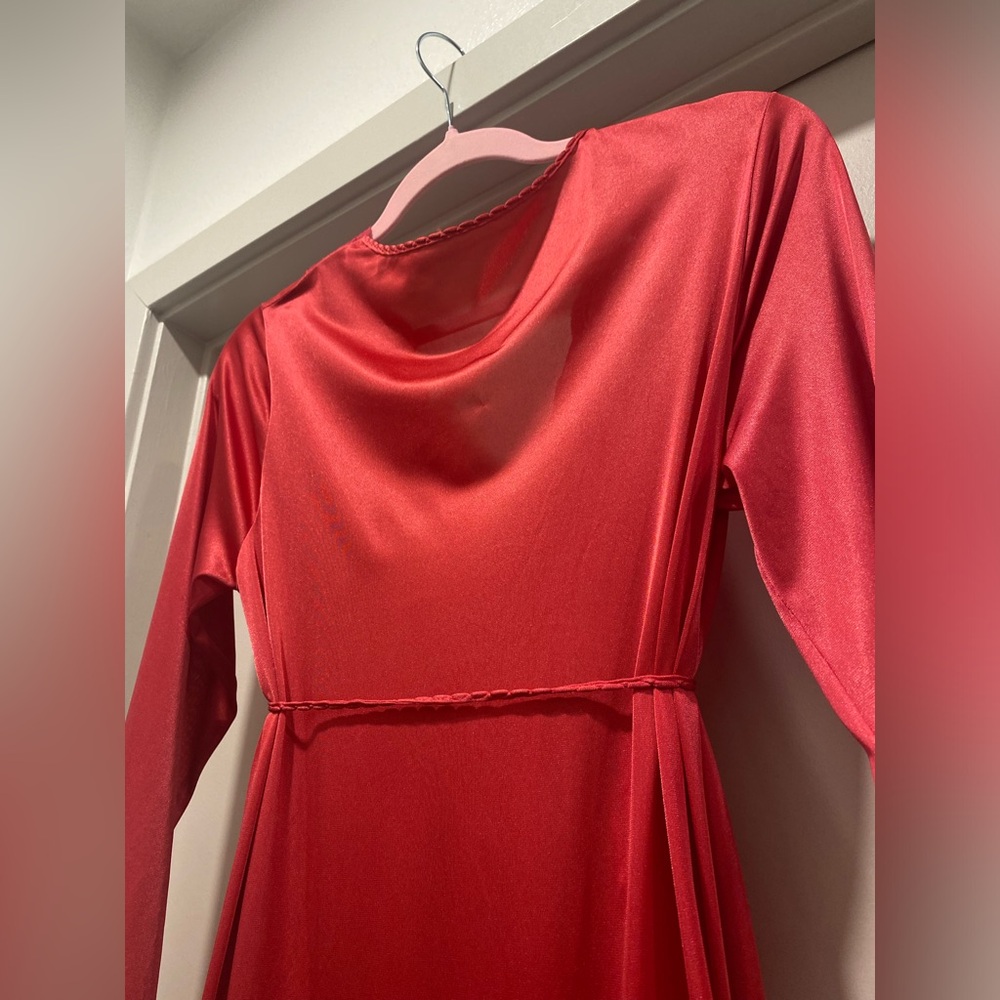 VTG Gilead 70s Fuchsia Hot Pink Deep V-Neck Lace Trim Maxi Wrap Dress Robe - S - Picture 11 of 16